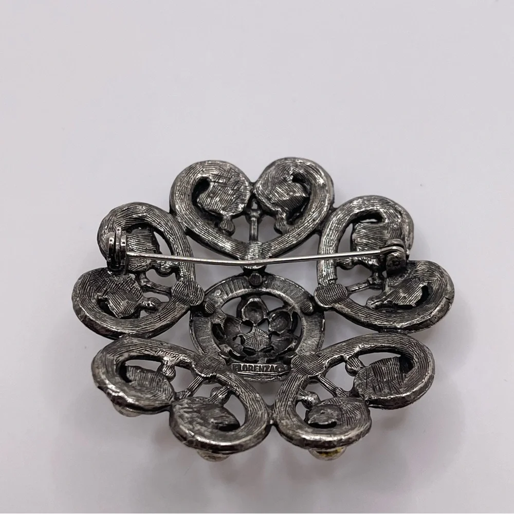 VTG Florenza Victorian Revival Ornate‎ Gunmetal Gothic Pin Brooch 1960s Rare
